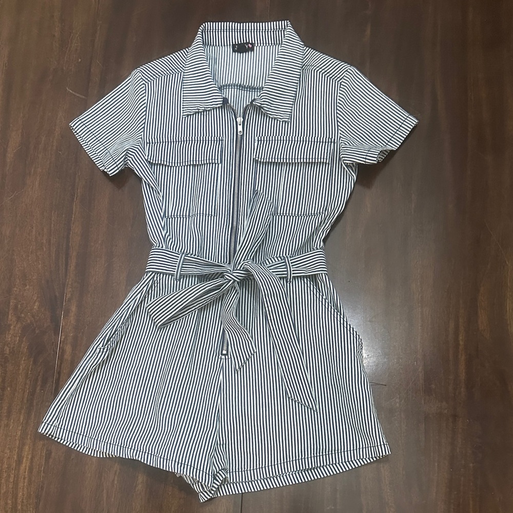 Justify Navy Blue and White Striped Jumpsuit